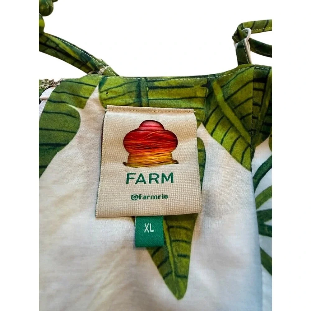 Farm Rio Green Banana Leaf Tiered Midi Dress XL Tropical Beaded Straps Scalloped - Picture 2 of 10